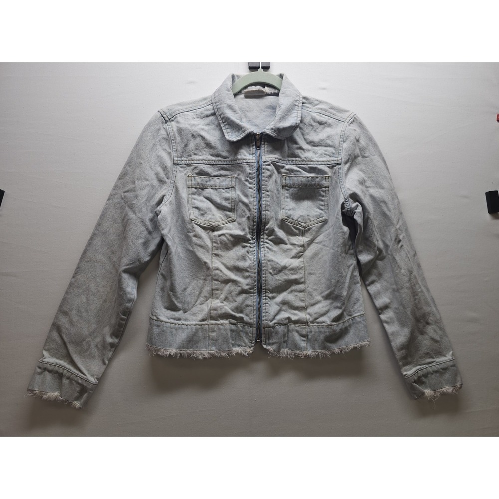 VTG Y2K 90s Denim Jacket Frayed Hem Medium Wash Zip Up Size M Boho Penny Lane